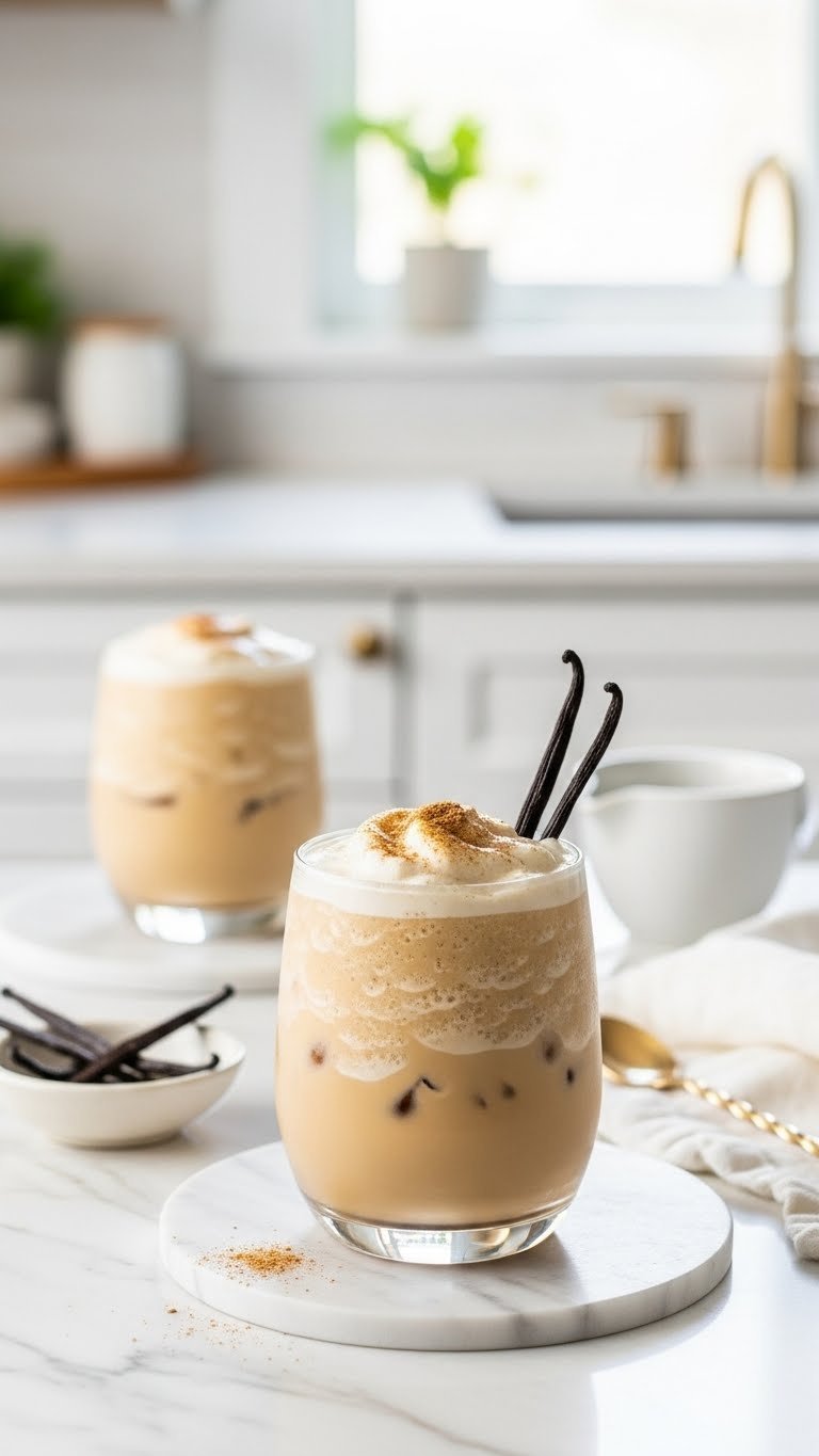 Creamy vanilla bean iced coffee in chic glass garnished with vanilla pod on white marble countertop.