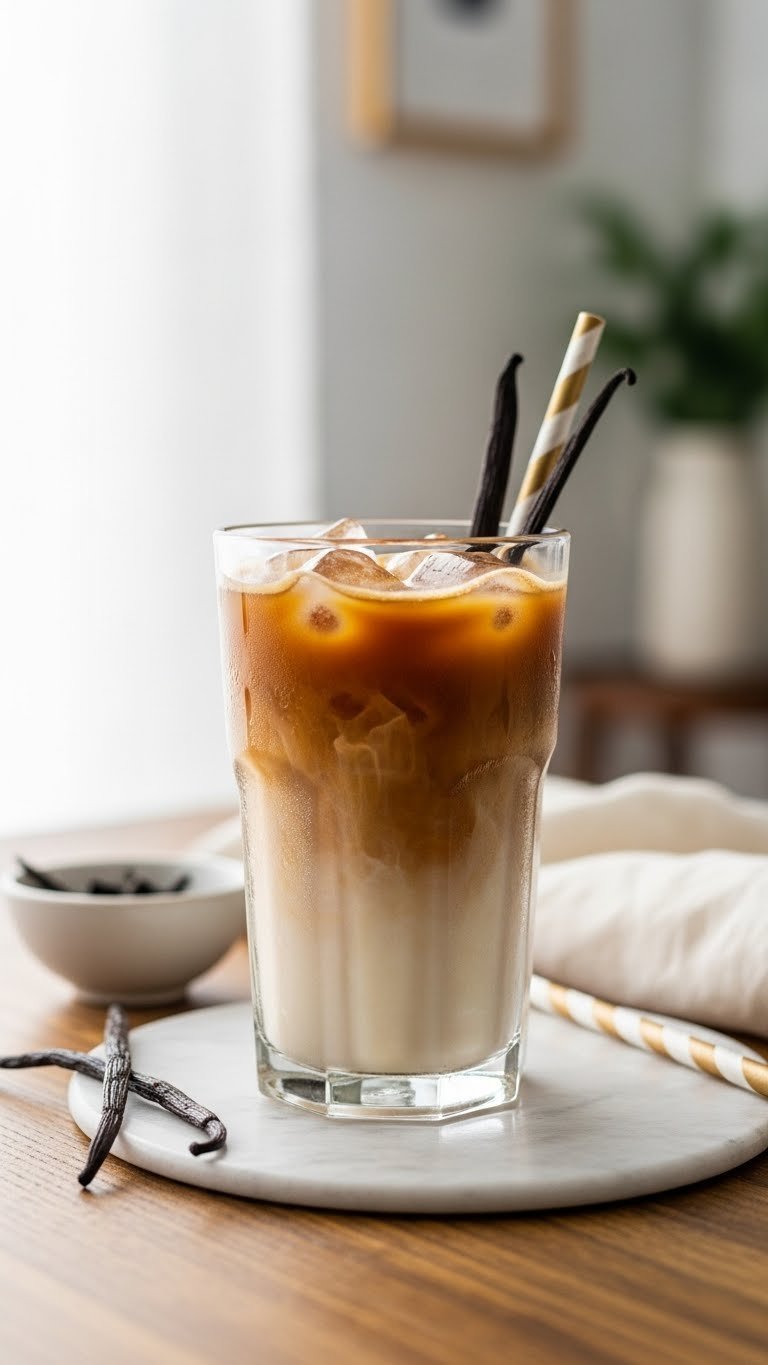 Creamy vanilla bean iced latte in clear glass with layered espresso and milk on rustic wooden table with vanilla beans and linen napkin