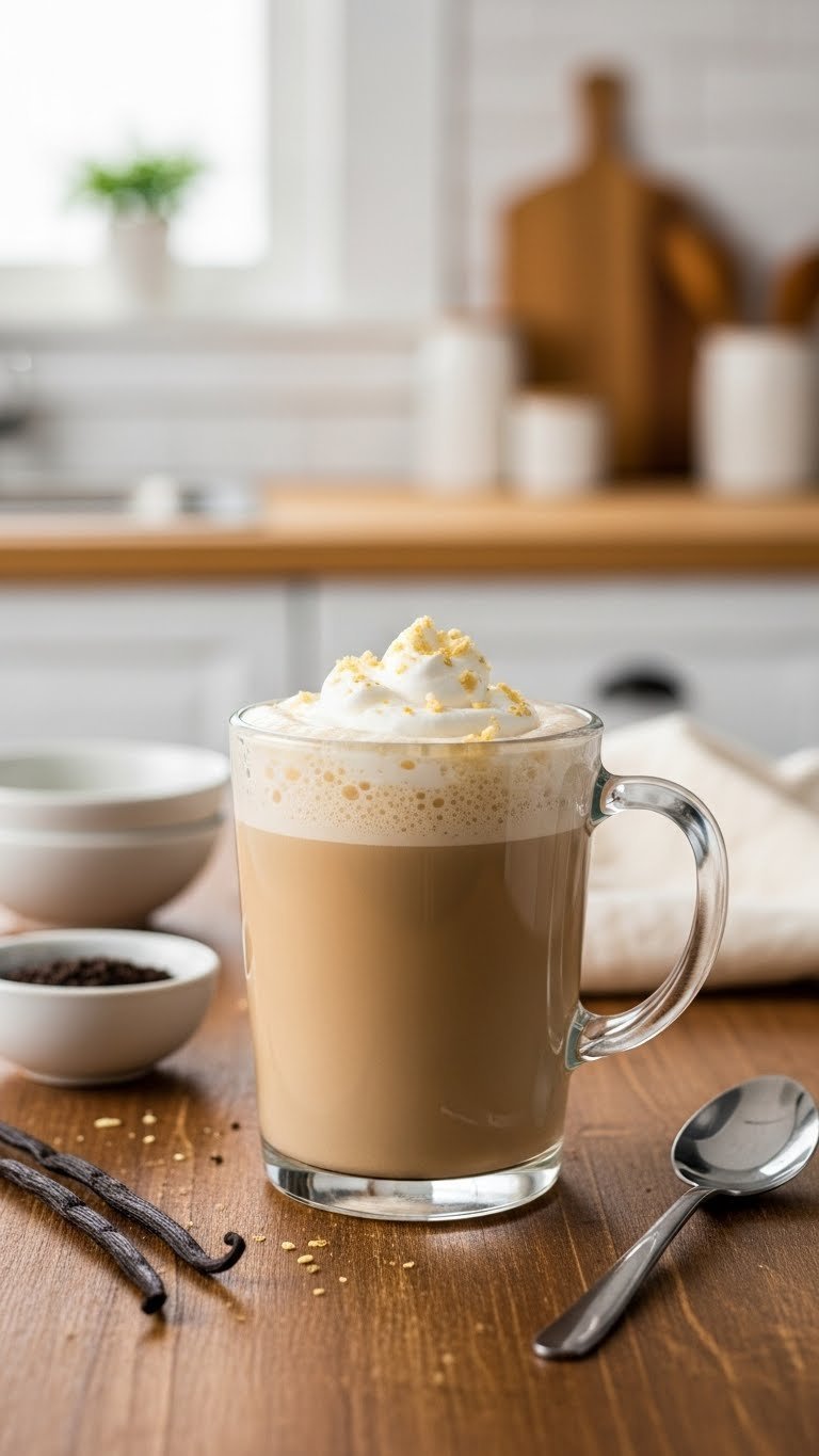 Make Keto Protein Coffee: 7 Delicious, Easy Recipes for Energy 1 Creamy vanilla bean keto protein coffee with whipped cream and specks in a glass mug on a rustic wooden table, evoking warmth.