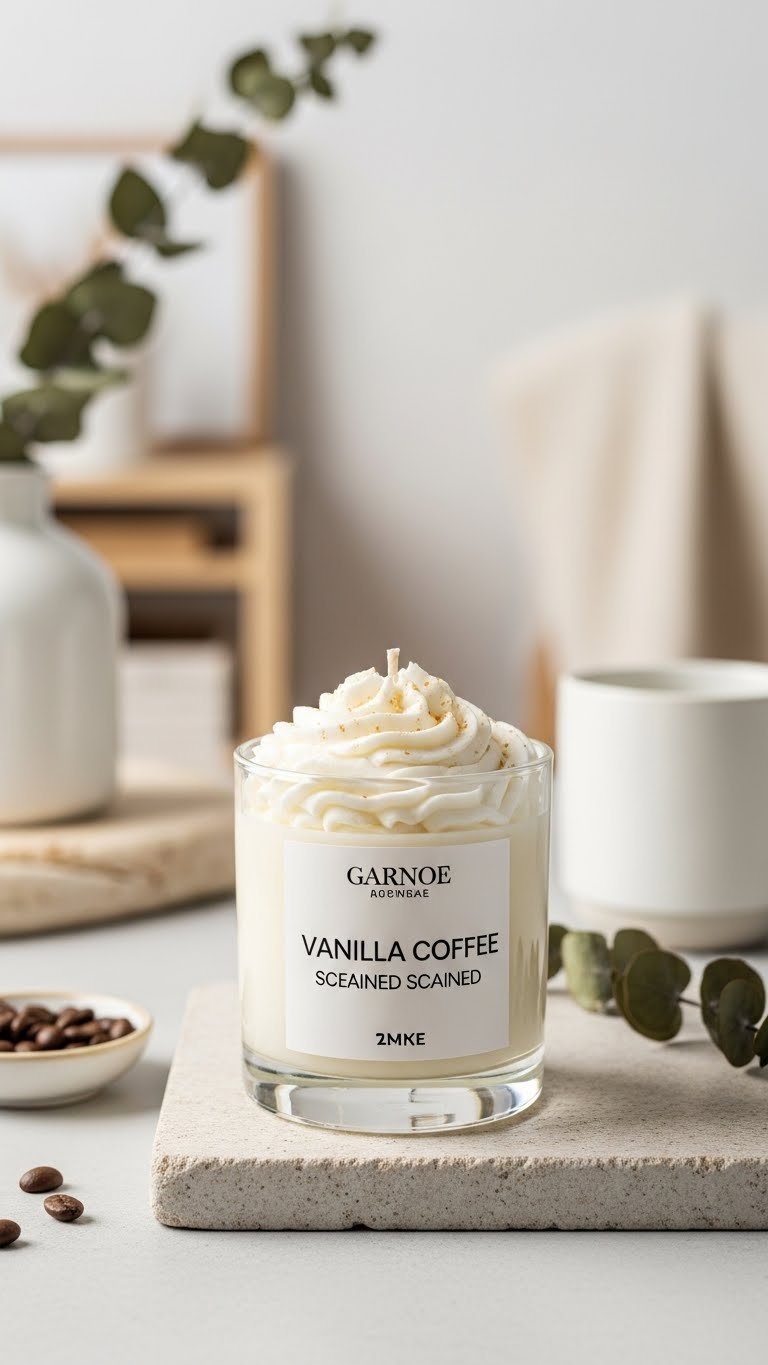 Best Whipped Coffee Candle: 7 Perfect Picks & DIY Guide 5 Creamy vanilla coffee scented candle in sleek glass jar with vanilla bean flecks on Scandinavian-style surface