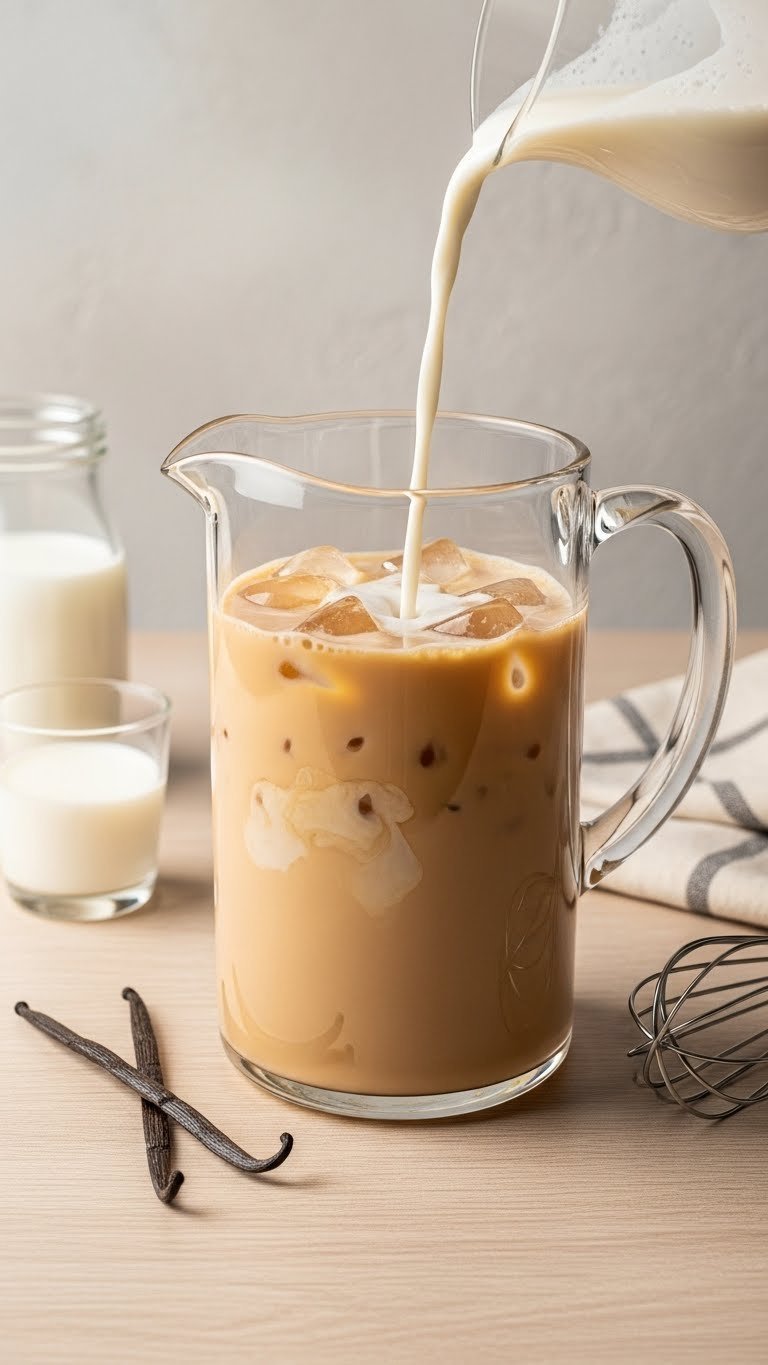 Creamy vanilla iced coffee with milk ripple and vanilla beans in glass pitcher on light wooden table