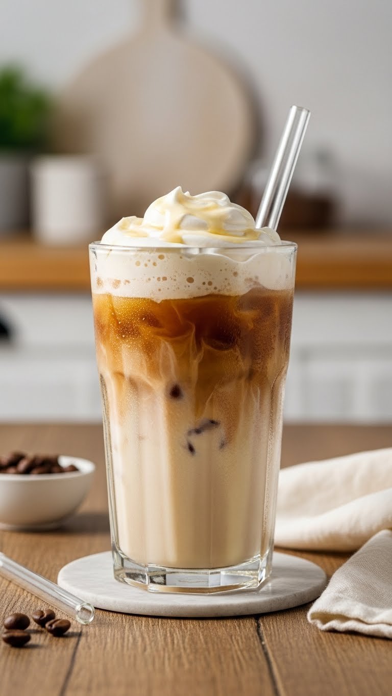 Creamy vanilla instant iced coffee in tall glass with whipped cream and vanilla drizzle on rustic wooden table background
