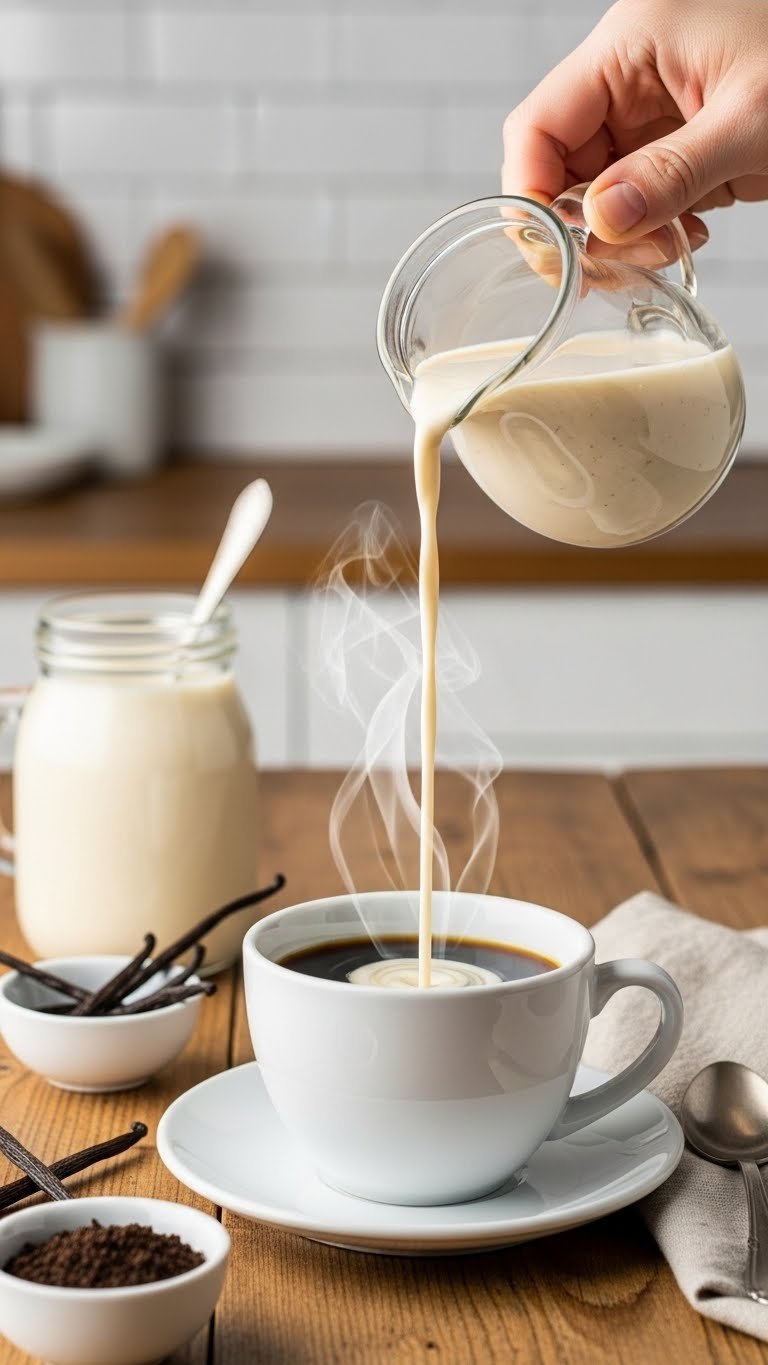 Creamy vanilla keto coffee creamer with almond milk being poured into steaming black coffee with vanilla bean flecks on rustic wooden table