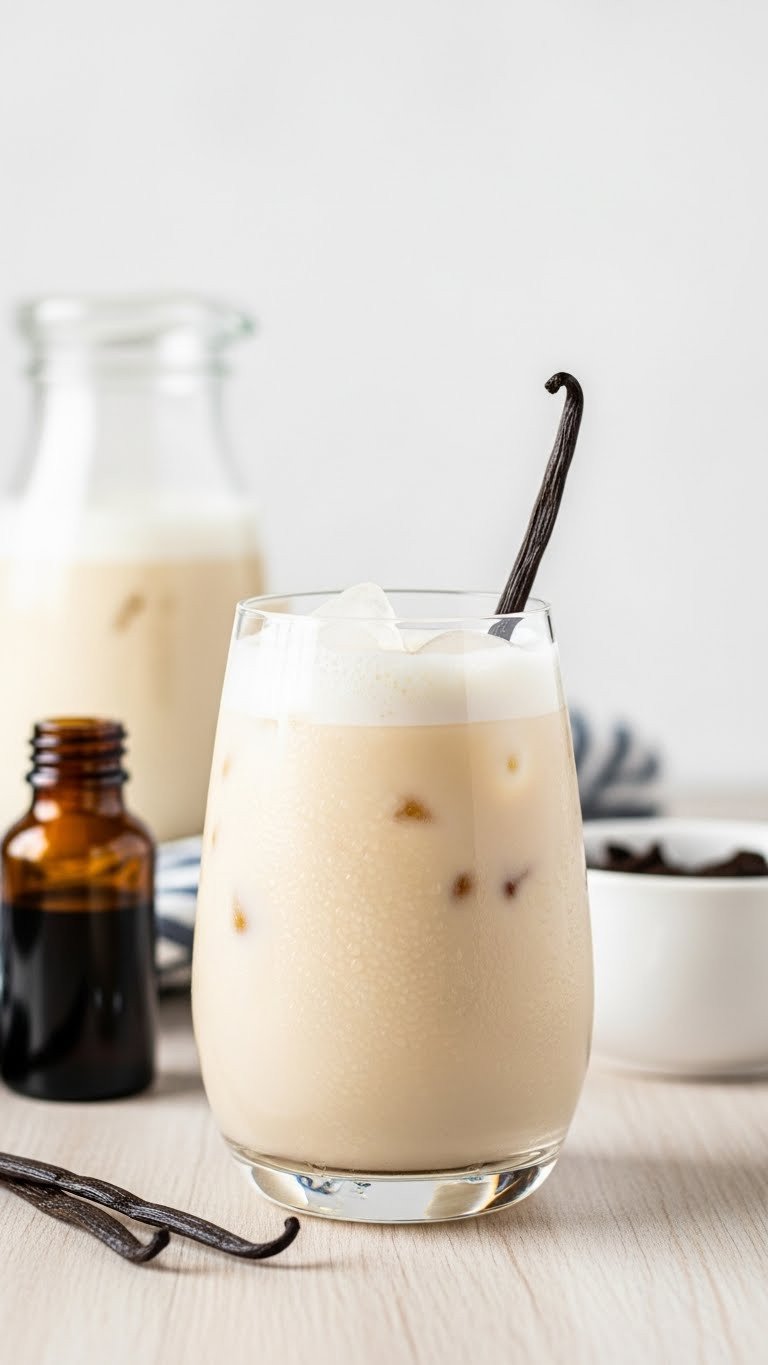 Creamy vanilla latte protein iced coffee with vanilla bean in minimalist glass on light wood