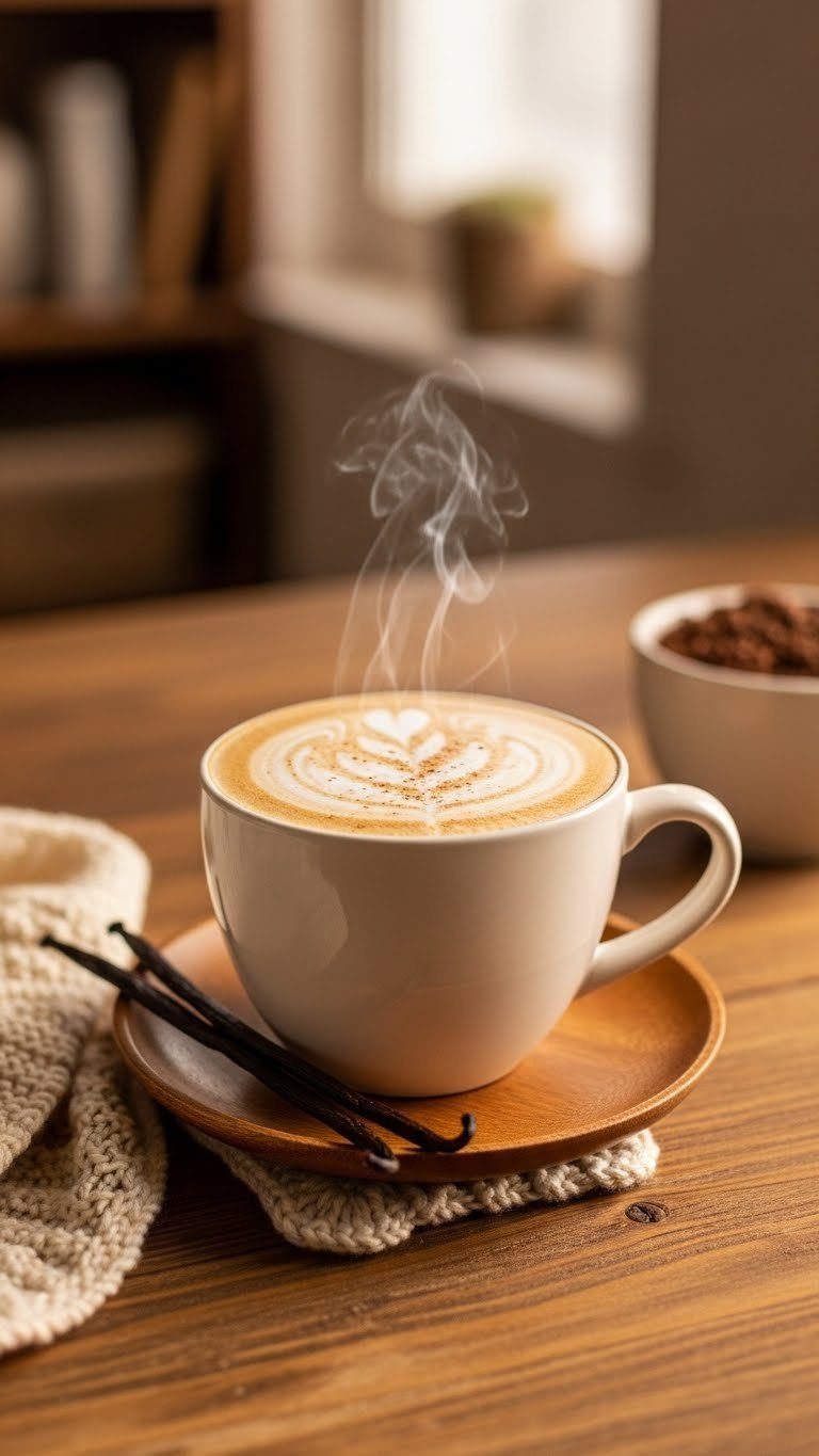 Creamy vanilla latte with vanilla bean simple syrup and split vanilla pod in cozy golden hour lighting