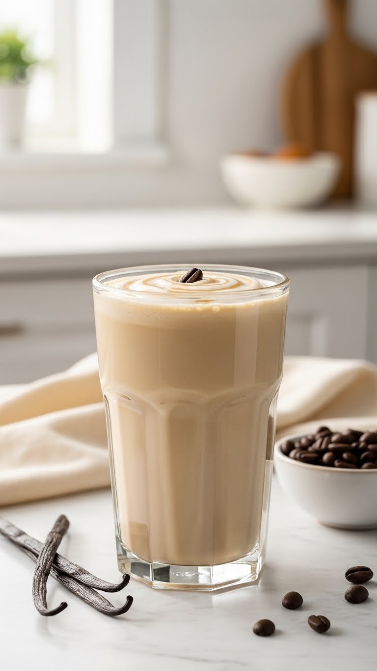 Protein Coffee Shake: 7 Easy Recipes for Energy & Health 1 Creamy vanilla protein coffee shake with frothed milk, coffee bean garnish, and vanilla pods on a light marble countertop.
