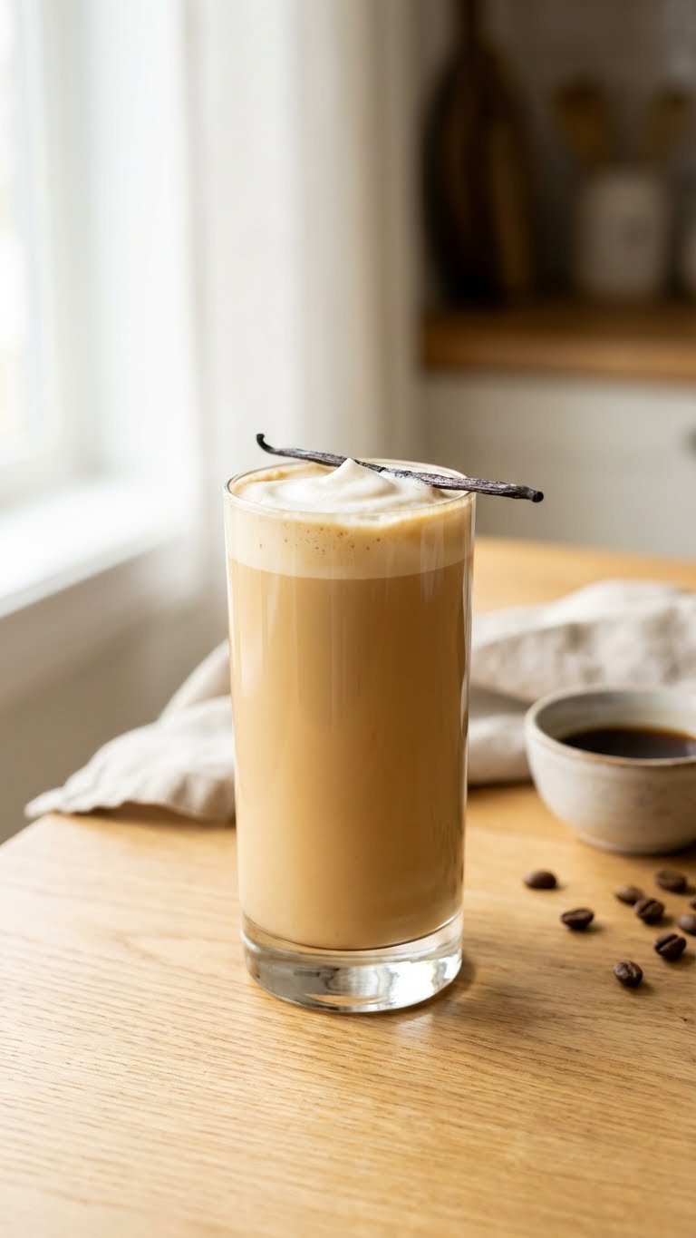 Cold Brew Protein Coffee: 7 Delicious Recipes for Energy 1 Creamy vanilla protein cold brew coffee with frothed milk and a vanilla bean pod on a light wooden table in a cozy kitchen setting.
