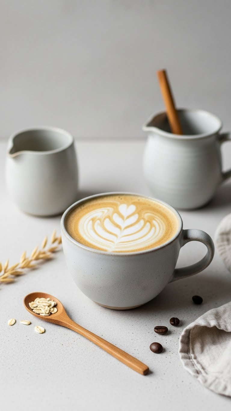 Rich Maple Syrup Coffee: 7 Recipes for Cafe Taste 7 Creamy vegan maple oat latte in minimalist ceramic mug with thick oat milk foam on light stone surface