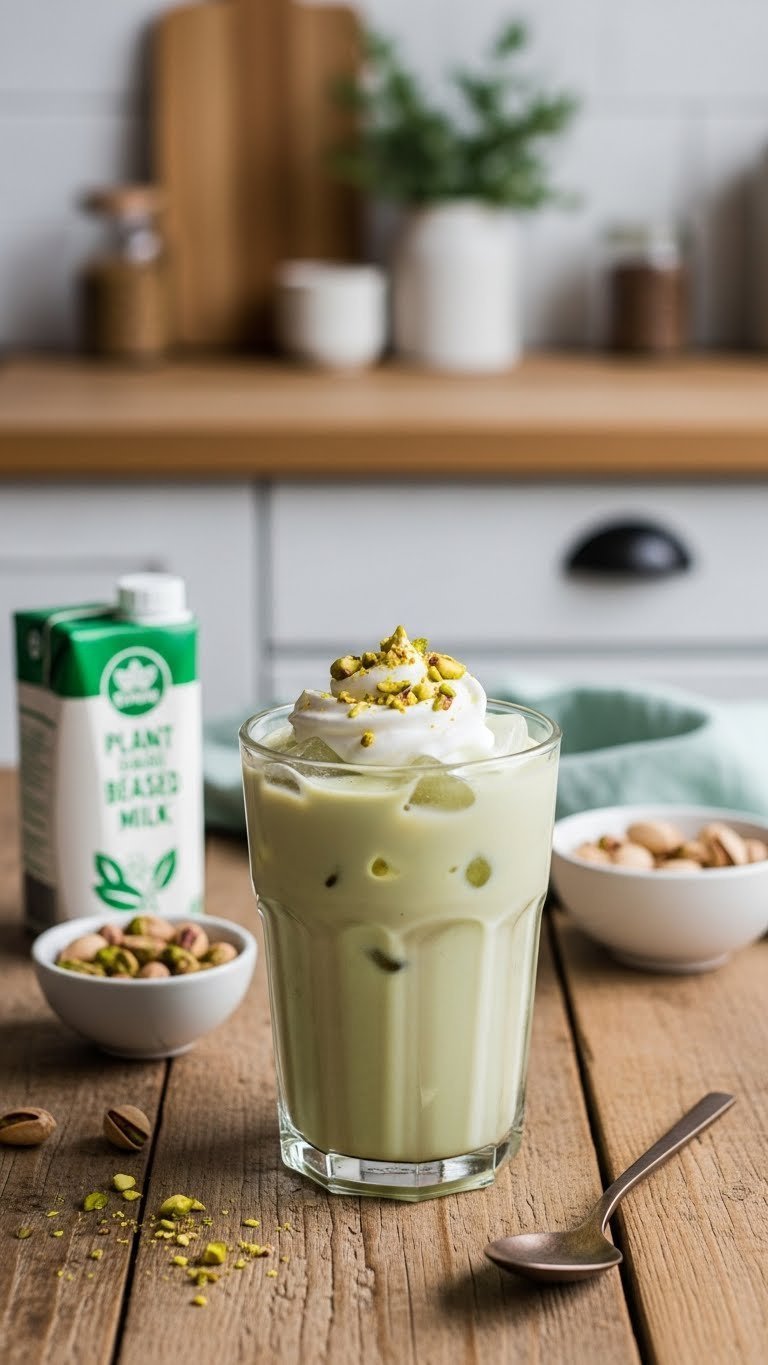 Creamy vegan pistachio iced coffee with plant-based whipped cream on rustic wooden table