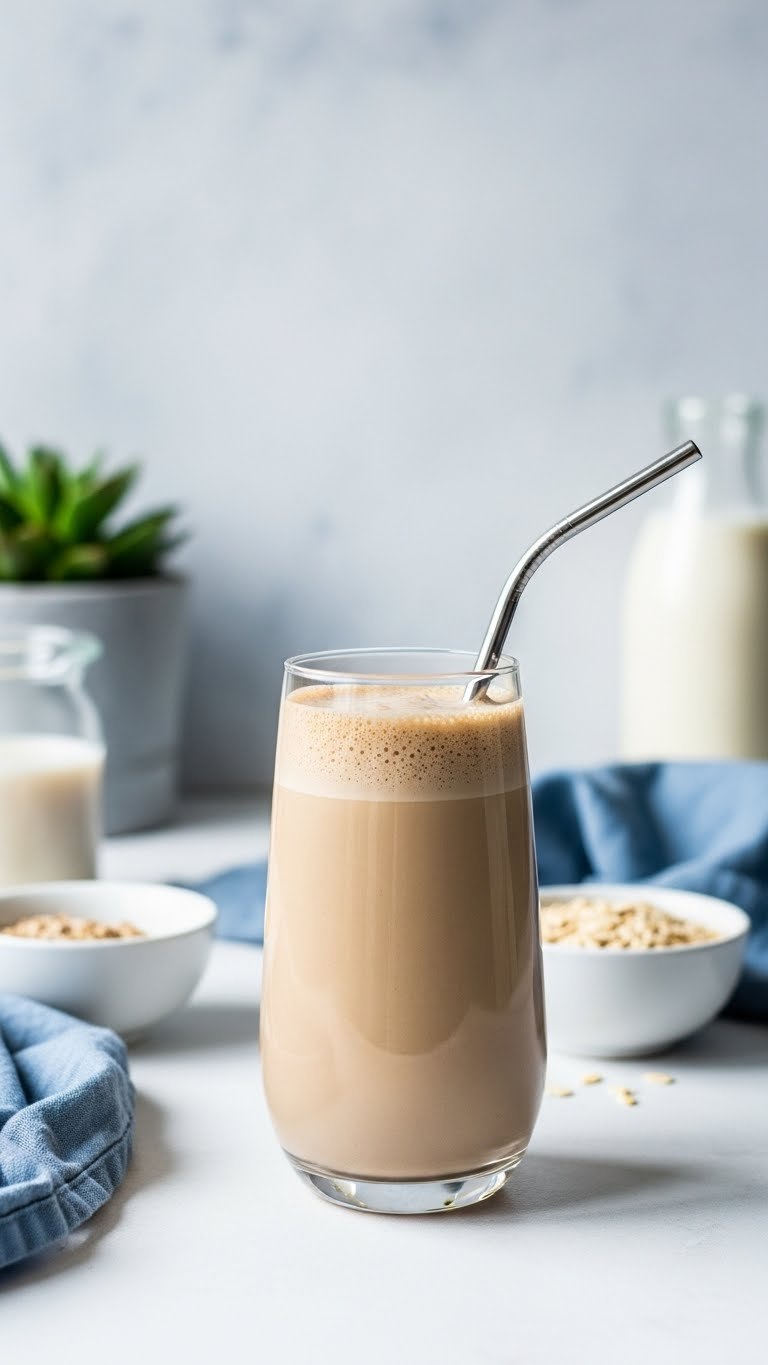 Protein Coffee Blended: Essential Guide for Smooth Energy 7 Creamy vegan protein coffee in a tall glass with metal straw on white counter, oats, plant milk, succulent.