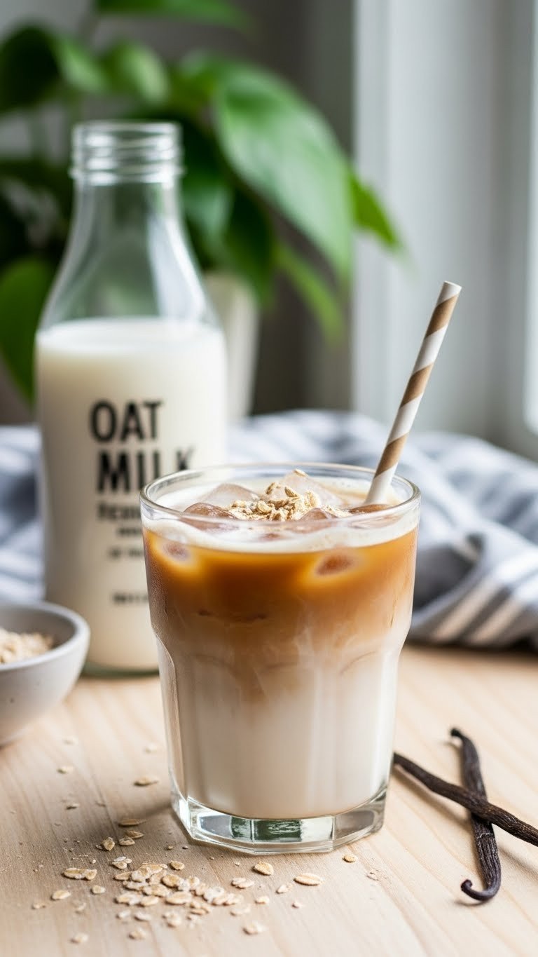 Deliciously Creamy Protein Coffee With Protein Powder 13 Creamy vegan vanilla bean proffee in a glass on a wooden surface