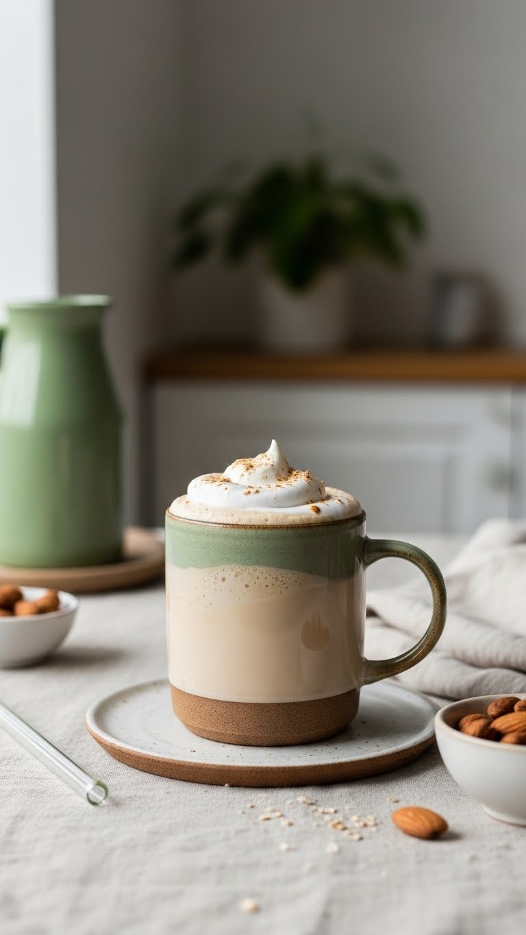 Whipped Coffee Protein Shake Easy High Protein Recipe Guide 7 Creamy vegan whipped coffee protein shake in earth-toned ceramic mug with oat milk base and reusable straw on linen tablecloth