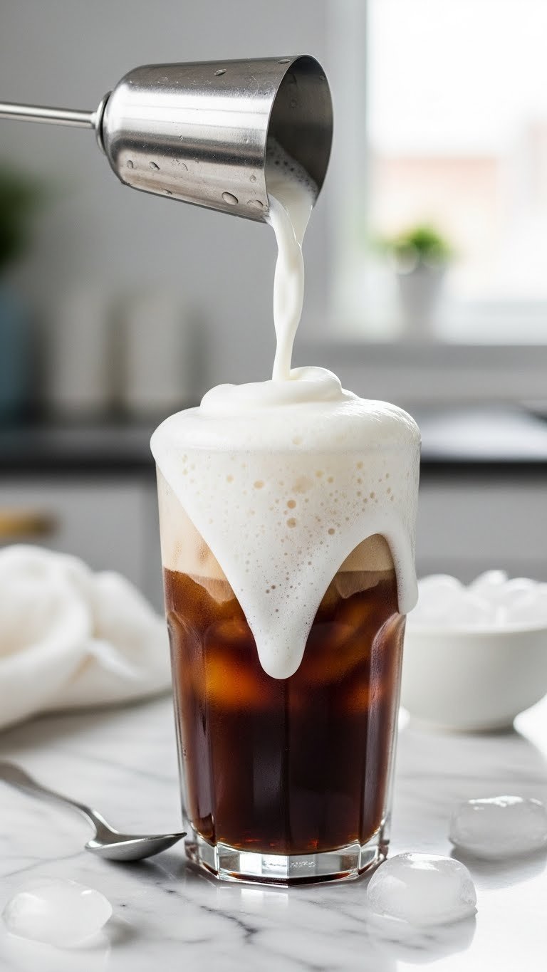 Creamy white cold foam cascading over tall glass of iced coffee on marble countertop with soft natural window lighting.