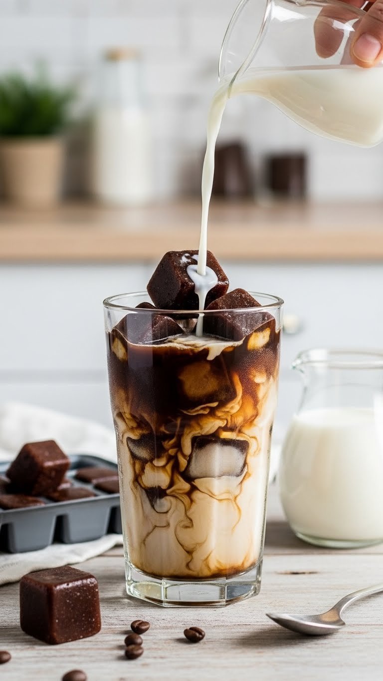 Creative coffee ice cubes and cream drink in tall glass with dark cubes and swirling milk on rustic table