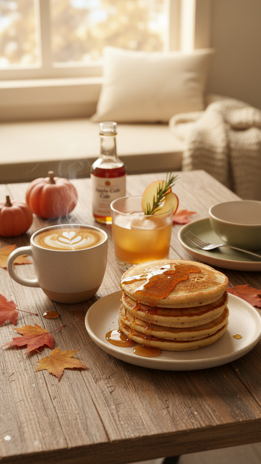 Creative uses of apple cider syrup including latte, pancakes, and cocktail on rustic wooden breakfast table