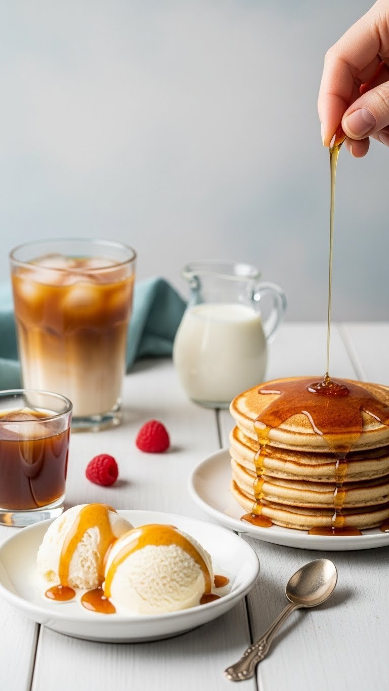 Creative uses of toffee nut syrup including iced coffee, vanilla ice cream, and pancakes artfully arranged