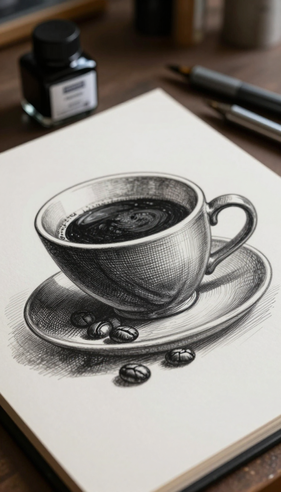 Crosshatching technique black coffee drawing with textured details on artist studio drawing board