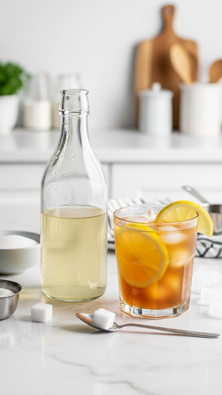 Crystal-clear glass bottle of simple syrup with condensation next to iced tea with lemon slices on white marble
