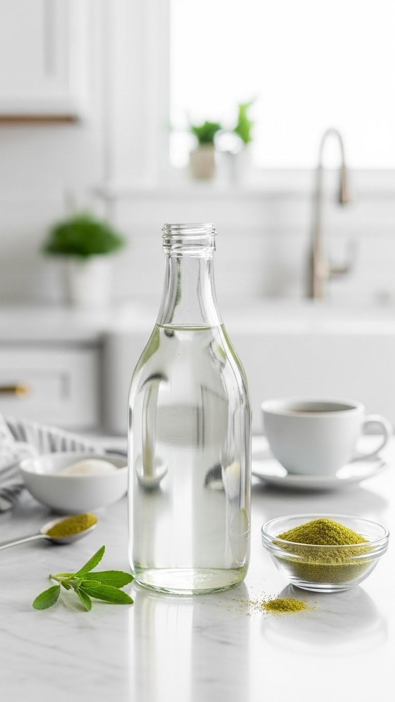 Crystal-clear sugar-free simple syrup with erythritol sweetener bowl in minimalist marble setting