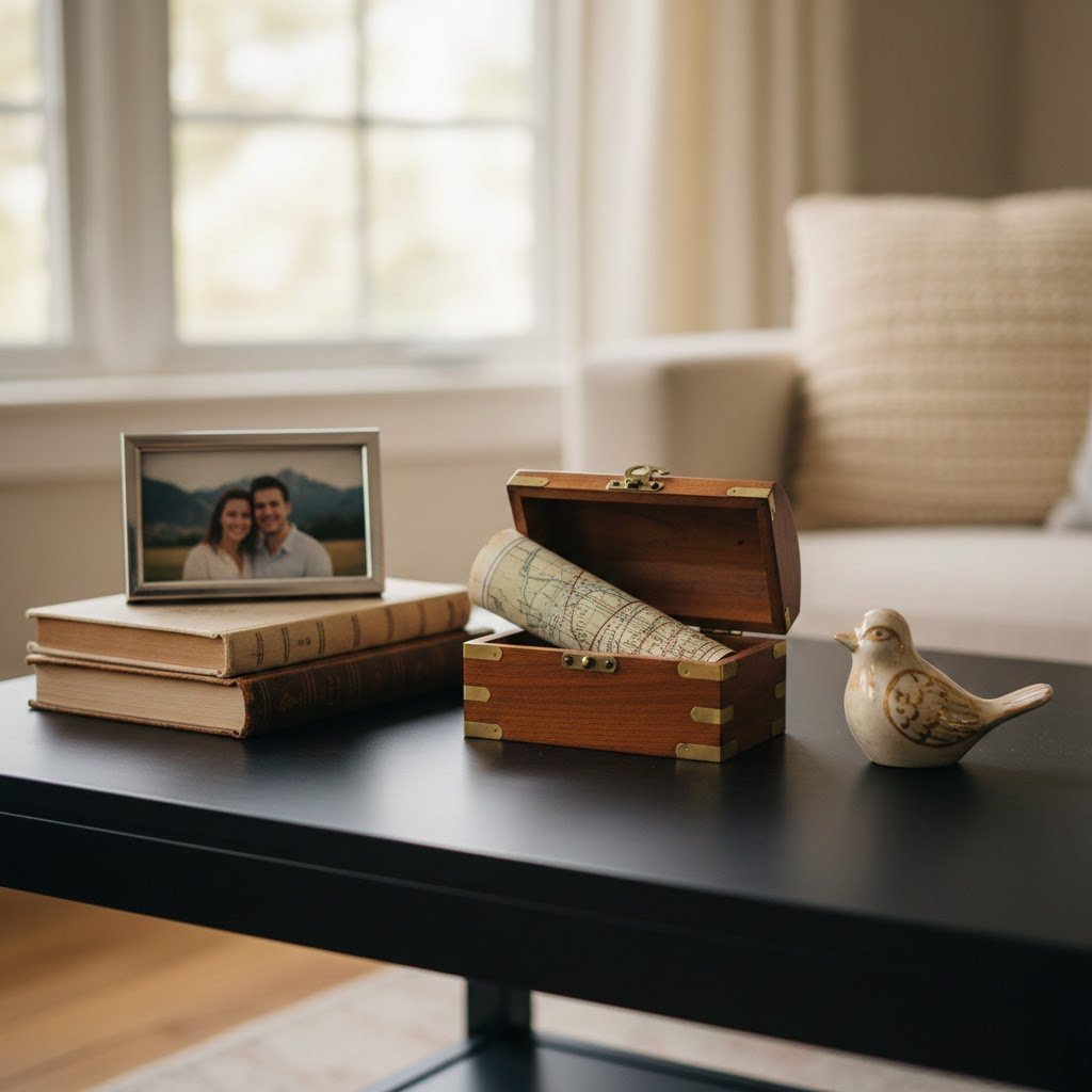Curated collection of meaningful personal items elegantly styled on matte black coffee table with natural window light
