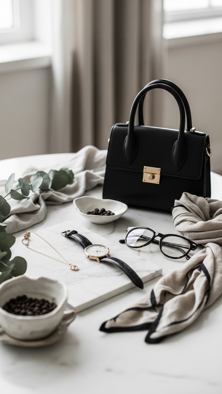 Curated flat lay of black coffee aesthetic accessories including gold jewelry and leather watch arranged on marble countertop