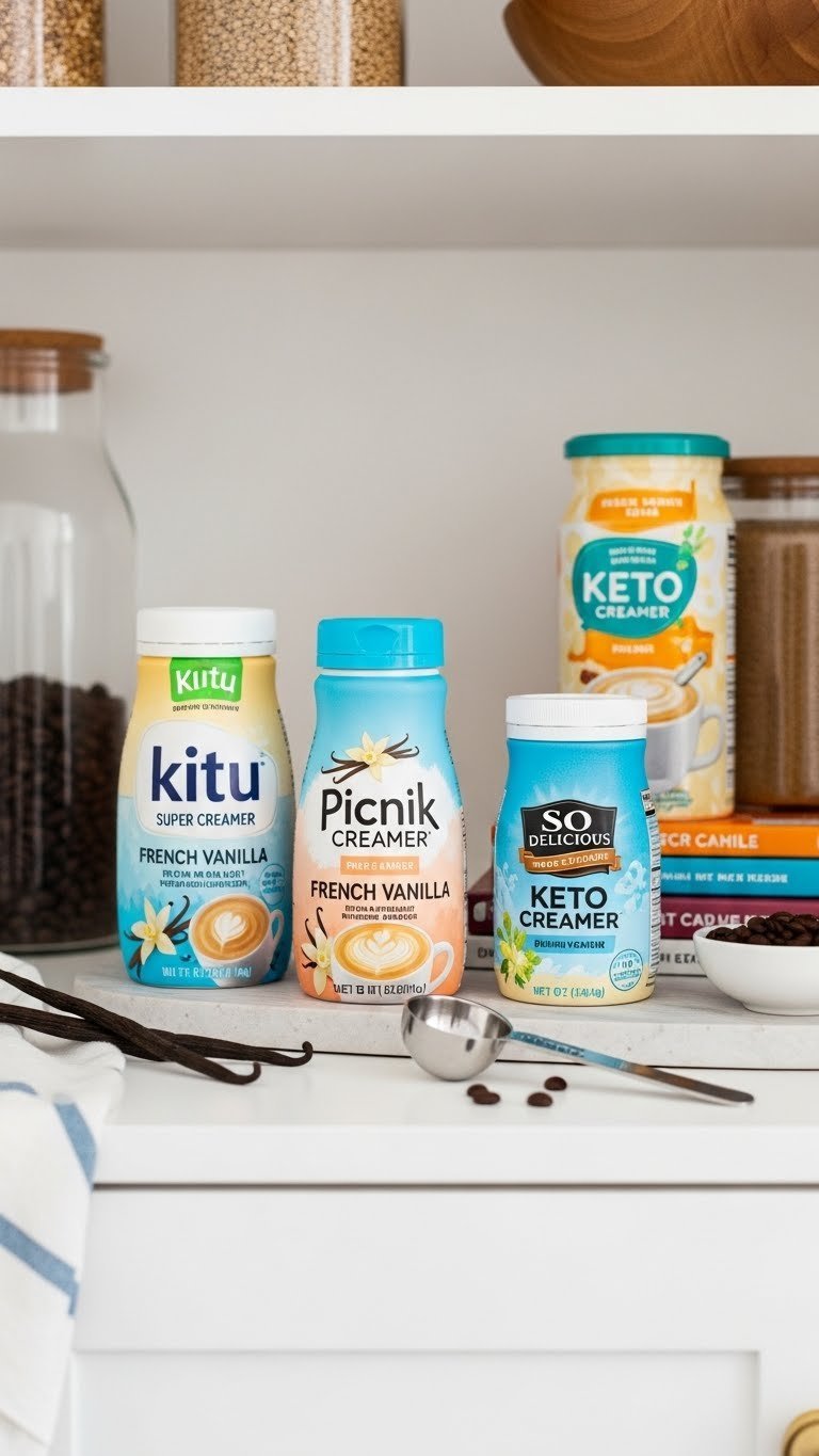 Curated selection of stylish keto French vanilla creamer products arranged aesthetically on wooden pantry shelf