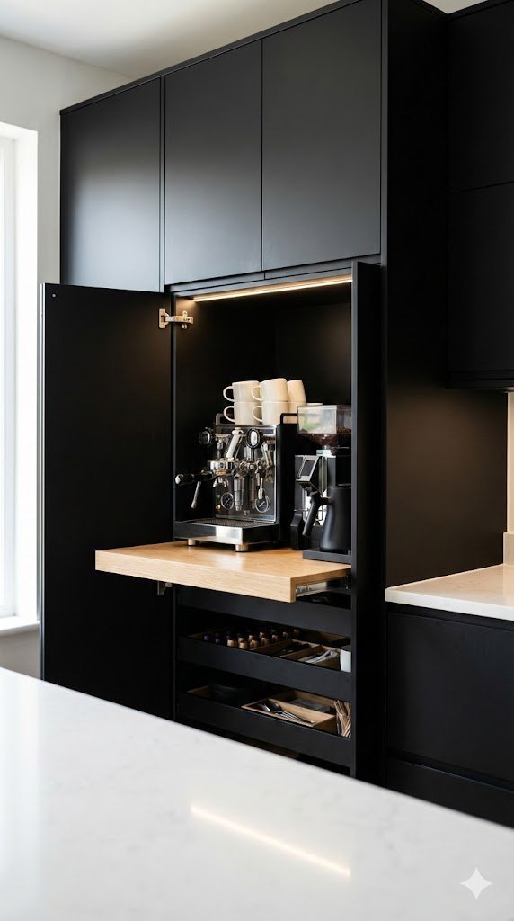 Custom built-in black coffee station integrated into kitchen cabinetry with smart storage solutions