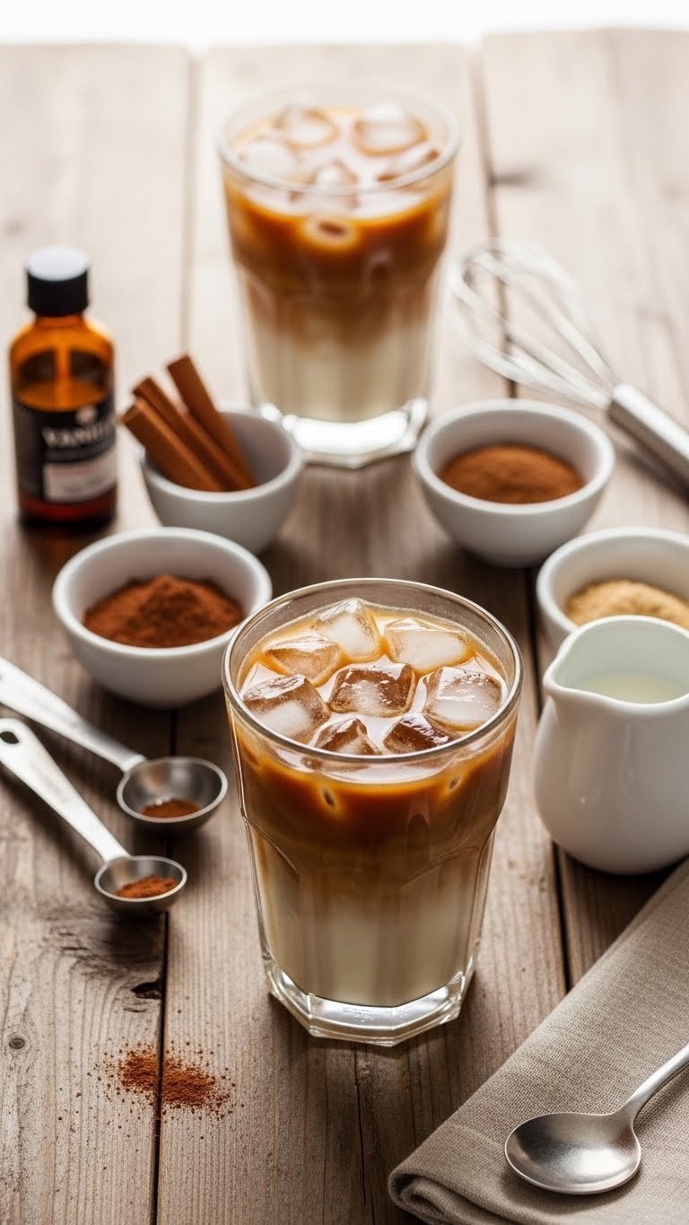 Iced Coffee with Condensed Milk: Ultimate Guide for Beginners 11 Customizable iced coffee with condensed milk surrounded by flavorings like vanilla and cinnamon on rustic wooden table.