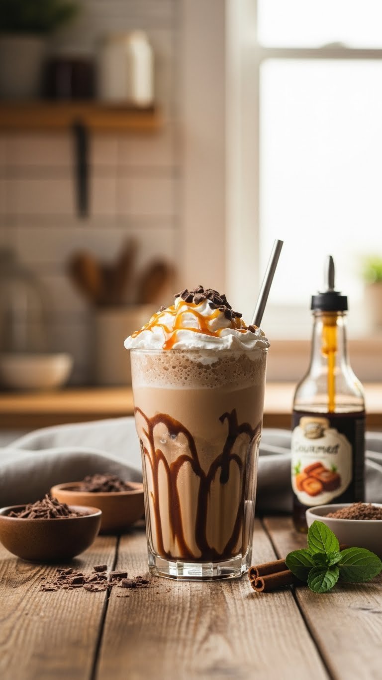 Customized flavored coffee frappe with chocolate shavings and caramel syrup on rustic wooden table