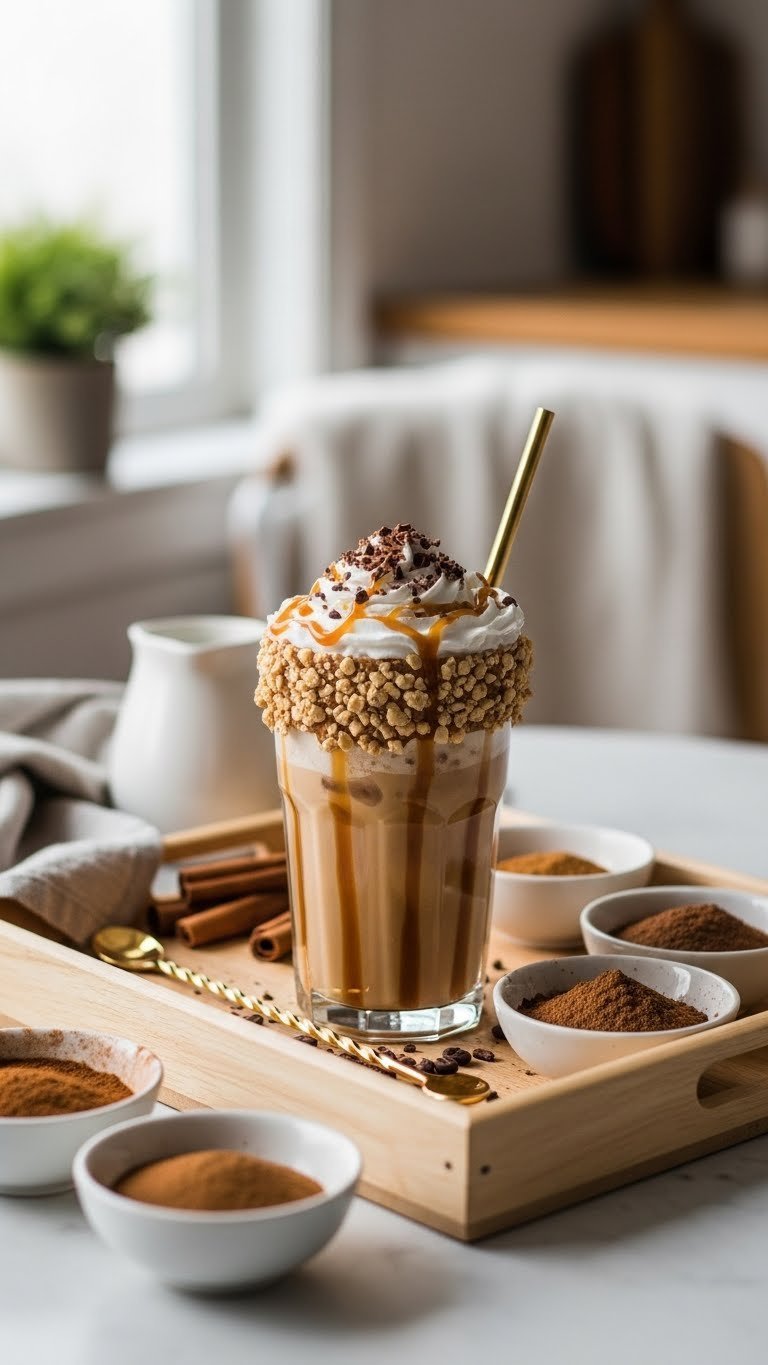 Customized iced coffee with whipped cream, caramel drizzle, and chocolate shavings surrounded by topping bowls.