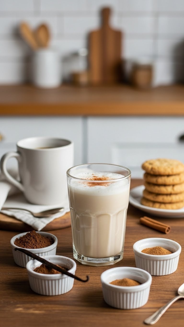 Customized keto Italian sweet cream coffee creamer with cocoa powder, vanilla bean, and cinnamon flavor additions on rustic table
