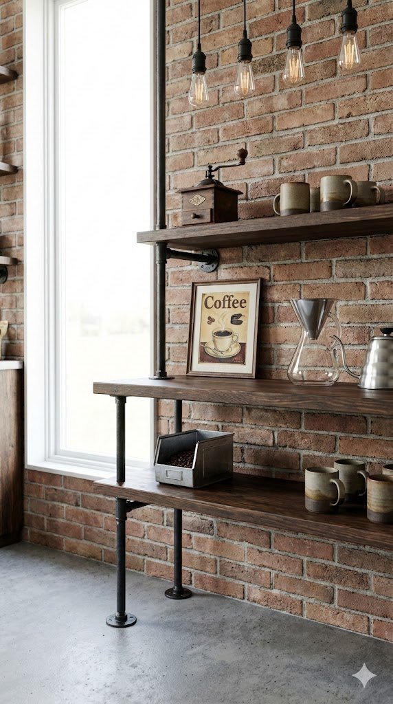 DIY black pipe coffee bar station with dark stained wood shelves and industrial iron pipe fittings