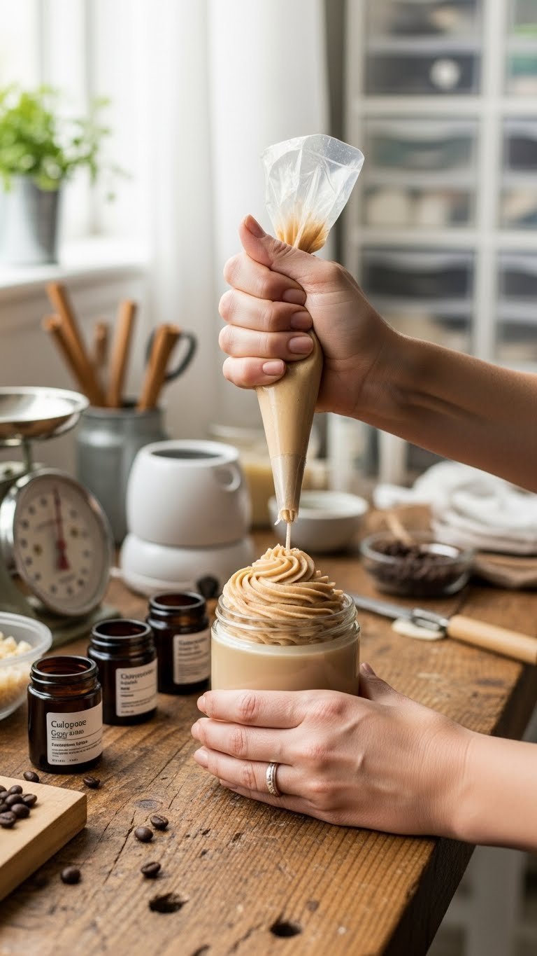 Best Whipped Coffee Candle: 7 Perfect Picks & DIY Guide 13 DIY homemade whipped coffee candle in progress with hands piping wax onto jar on workbench