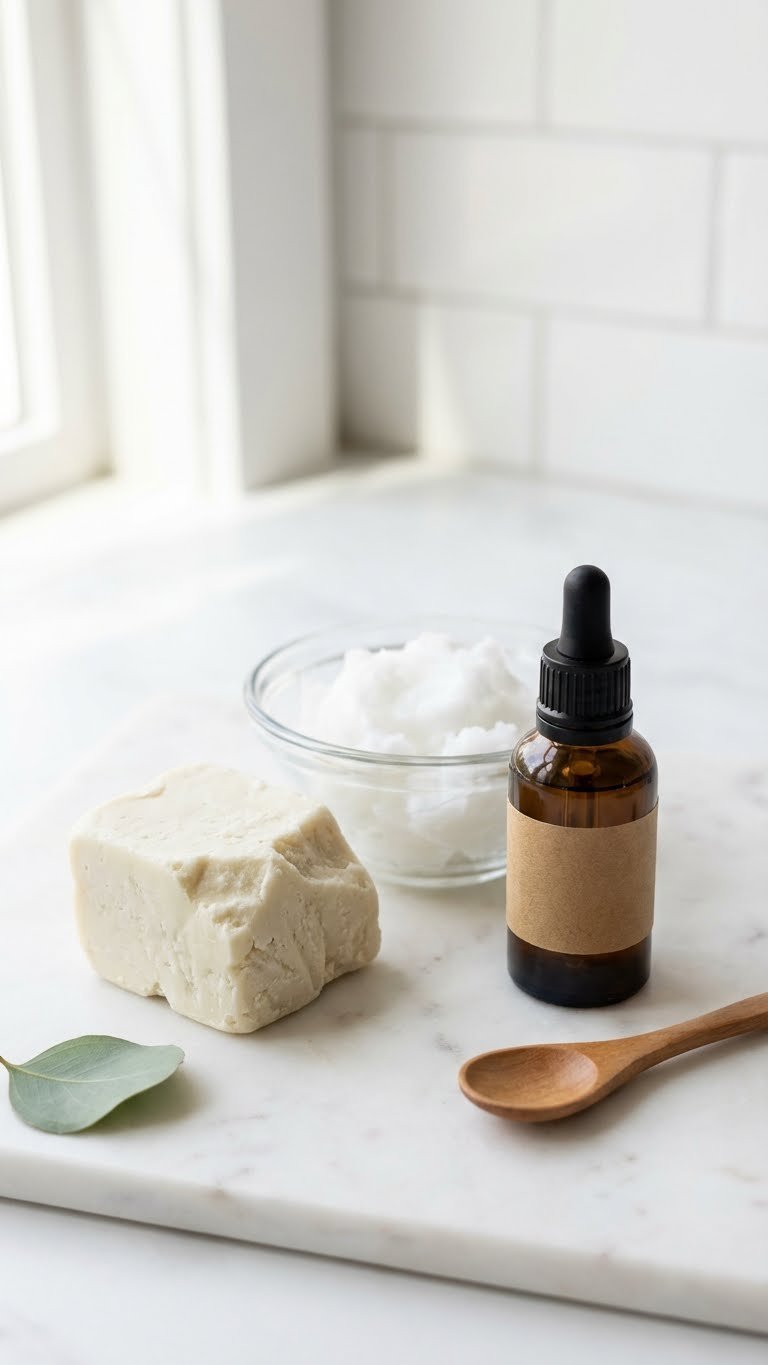 Whipped Coffee Body Scrub Complete Beginner Recipe Guide 1 DIY skincare ingredients flat lay showing creamy shea butter, coconut oil, and Vitamin E oil arranged on white marble countertop
