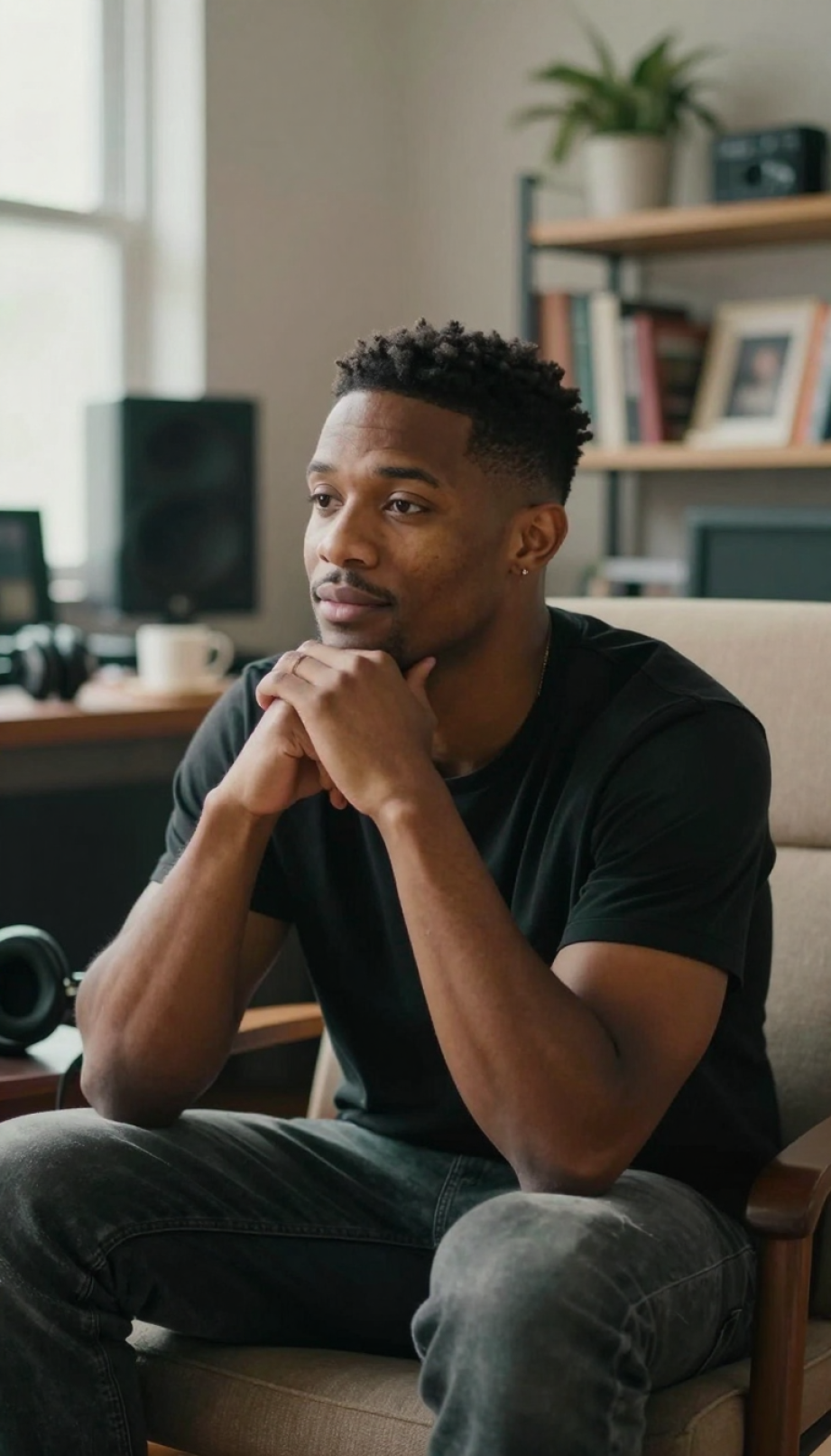 DJ Black Coffee in candid behind-the-scenes moment with headphones during relaxed studio session