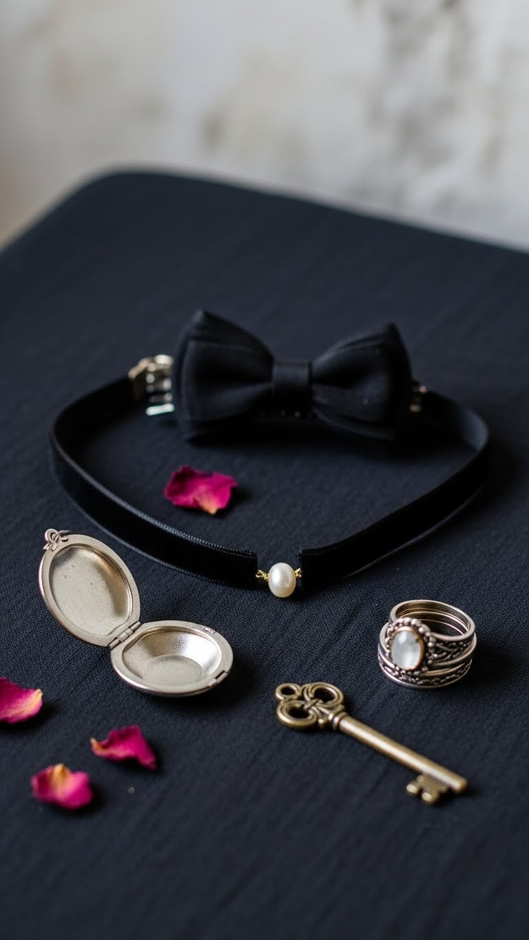 Dainty coquette accessories including velvet choker with pearl, silver locket, and bow hair clip on black linen