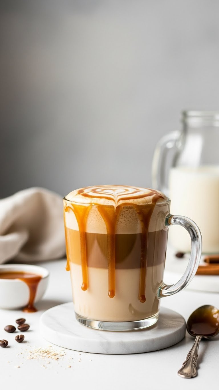 Dairy-free caramel protein coffee latte in a clear glass mug with oat milk and vegan caramel drizzle on a white surface.