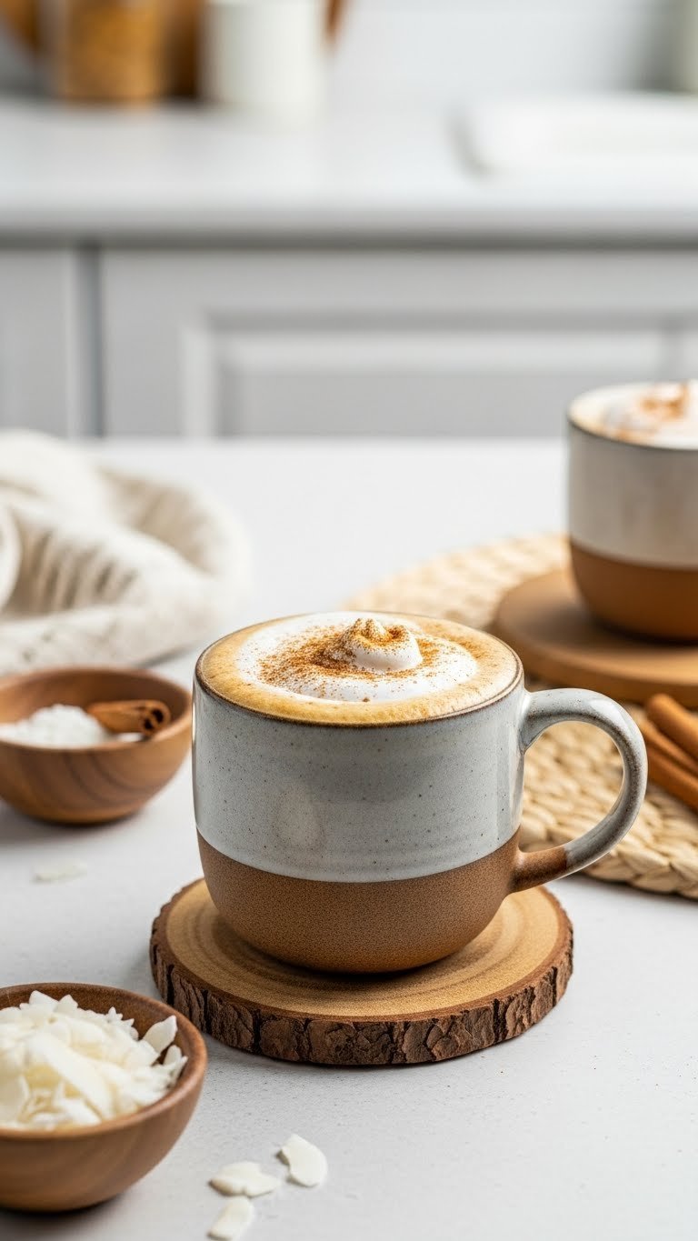 Dairy-free coconut cream keto coffee in rustic ceramic mug with thick coconut cream layer and cinnamon dust.