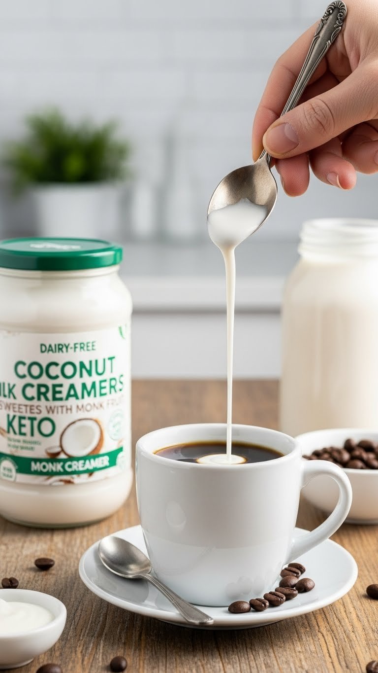 Dairy-free coconut keto coffee creamer drizzling into dark coffee mug on rustic wooden table with coffee beans