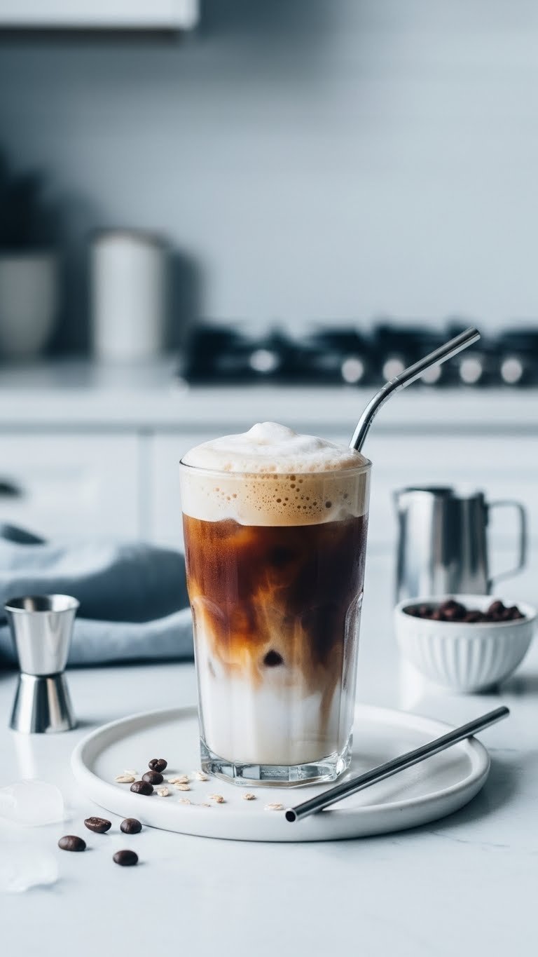 Dairy-free iced coffee with frothed oat milk foam in tall glass creating two-tone appearance