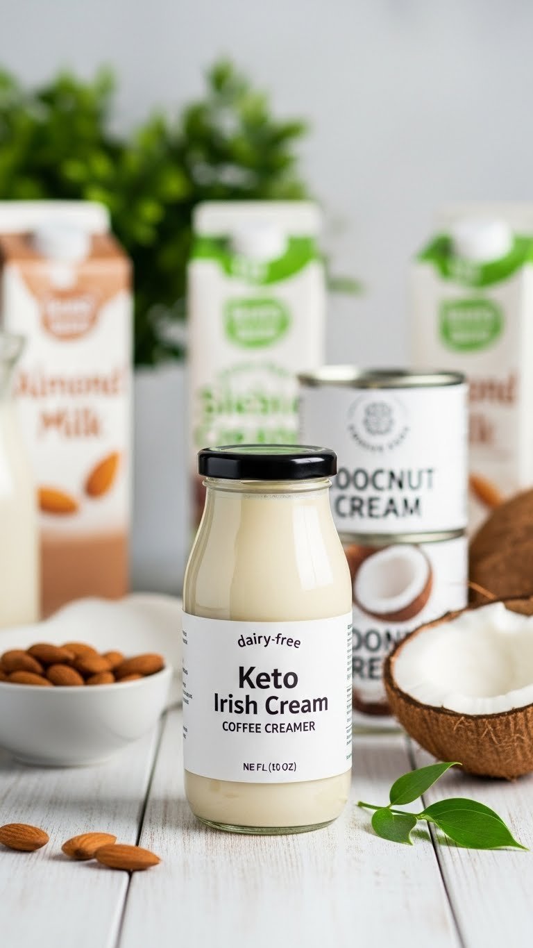 Dairy-free keto Irish cream in glass bottle with almond milk cartons and coconut cream backdrop.