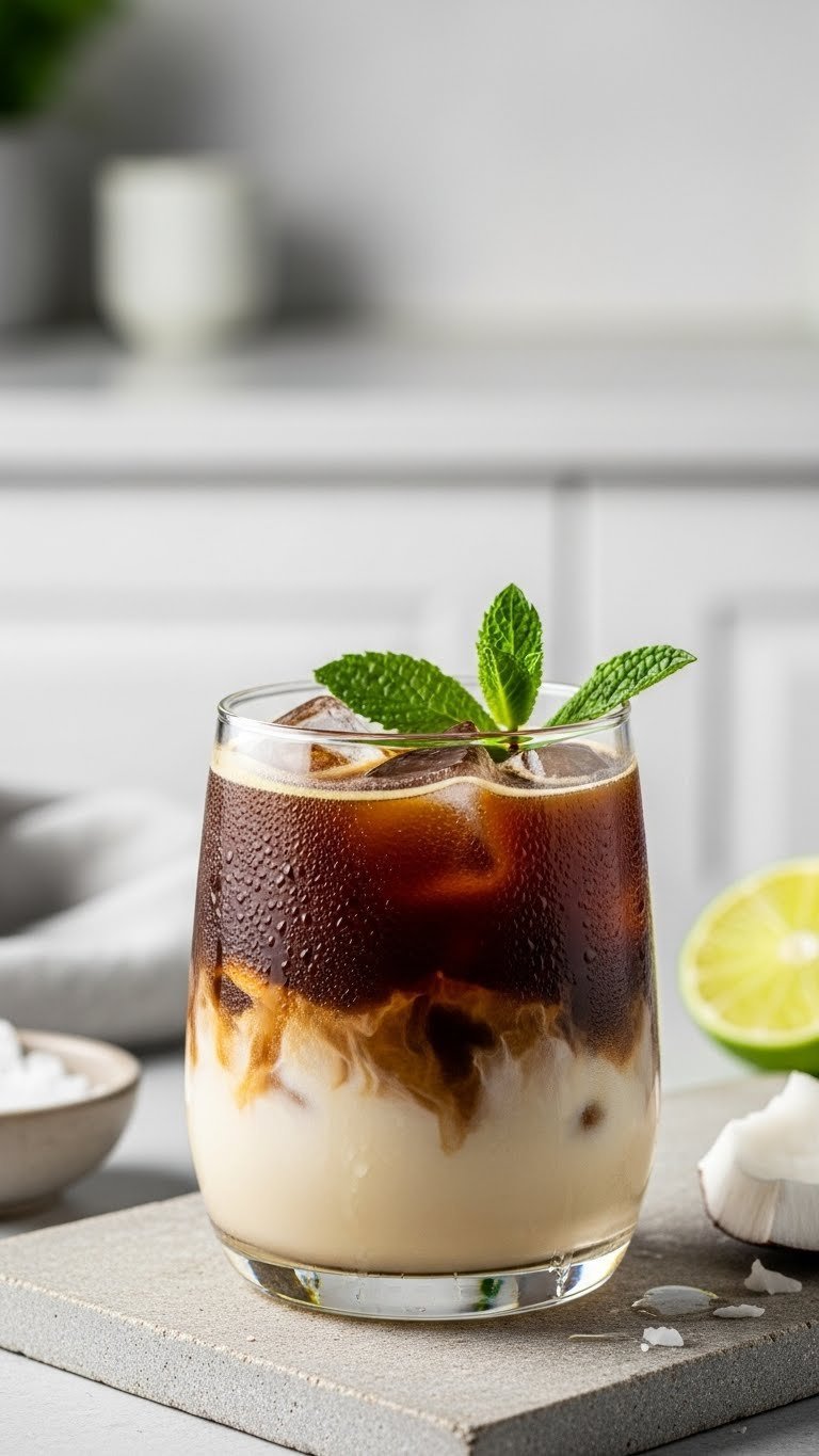 Proven Keto Vietnamese Coffee: 7 Ultimate Recipes for Sips 7 Dairy-free keto Vietnamese iced coffee with dark coffee layers, creamy milk alternative, ice, mint garnish, and condensation.