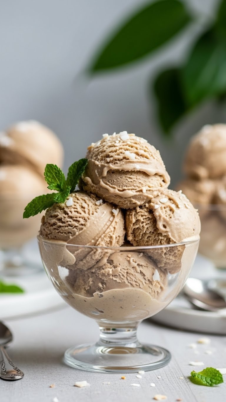Dairy-free keto coffee ice cream scoop in elegant glass bowl with fresh mint garnish against soft natural window light