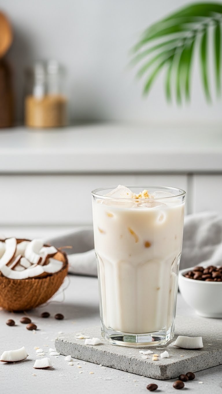 Dairy-free keto iced coffee with coconut milk in clear glass and coconut garnish on stone surface