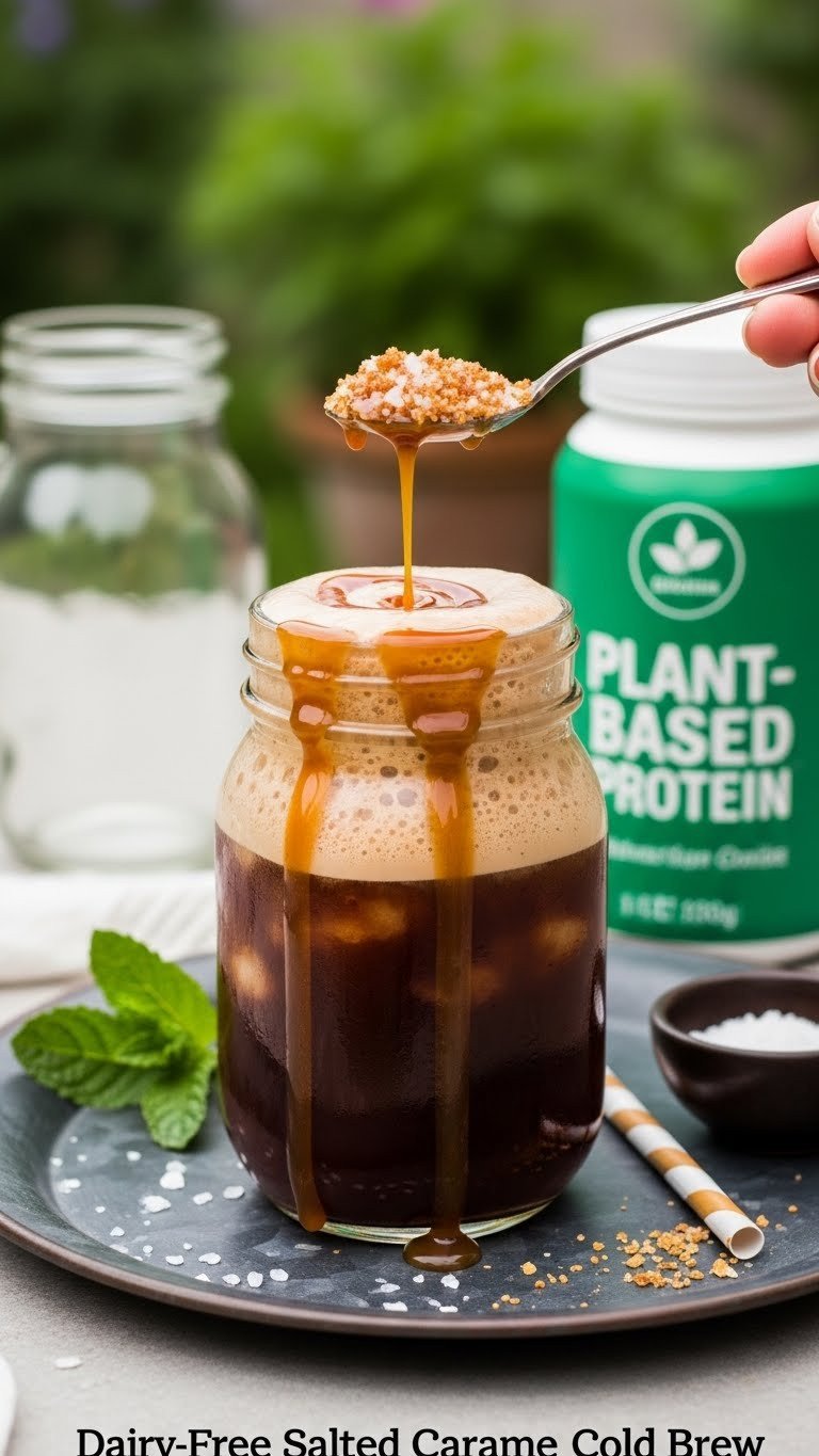 5 Creamy Low Calorie Protein Coffee Recipes For Weight Loss 5 Dairy-free salted caramel cold brew in a mason jar with foam and caramel drizzle on a metal tray with sea salt