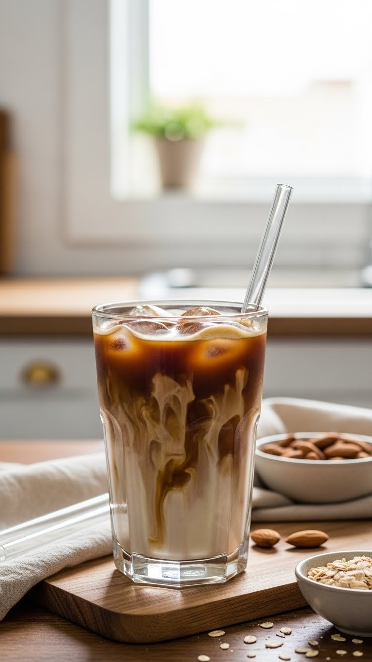 Dairy-free salted caramel iced coffee in clear glass with creamy milk alternative swirl on wooden surface