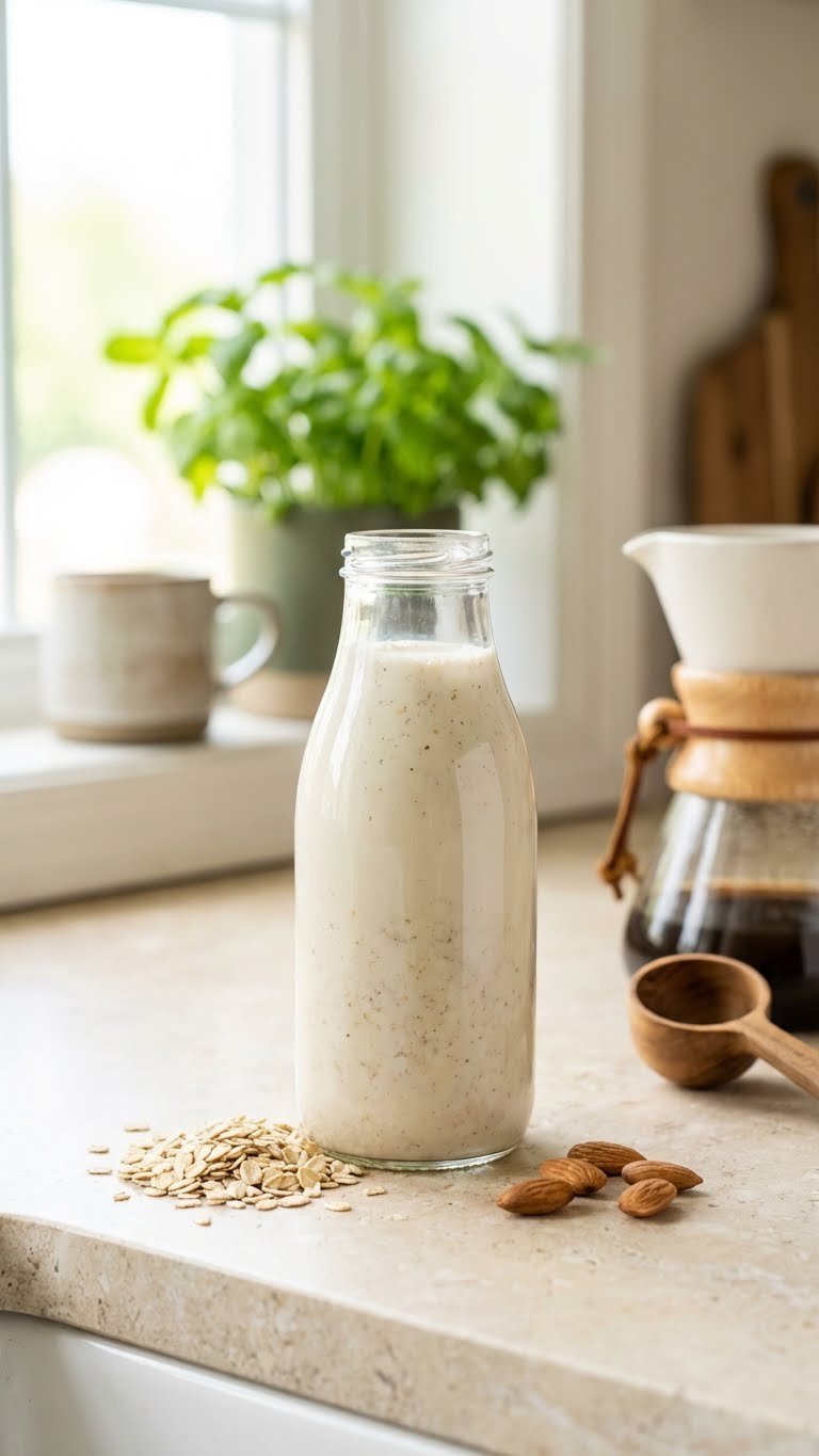 Protein Coffee Creamer: Essential Guide to Healthy & Delicious Coffee 7 Dairy-free vegan protein coffee creamer in a glass bottle on a light stone surface, surrounded by oats and a green plant.