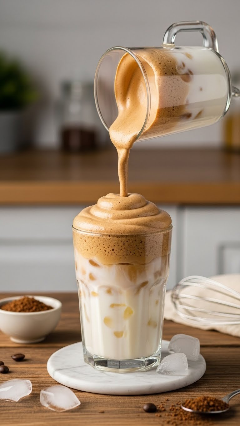 Dalgona coffee foam cascading into milk with ice cubes on rustic wooden table surrounded by coffee beans and whisk