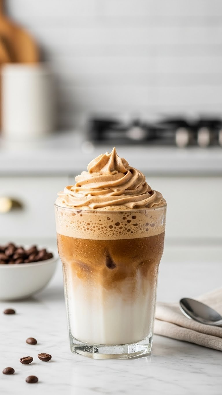 Ultimate Whipped Coffee Dessert: 5 Proven Recipes 1 Dalgona whipped coffee in clear glass over iced milk with fluffy foam on marble countertop and scattered coffee beans