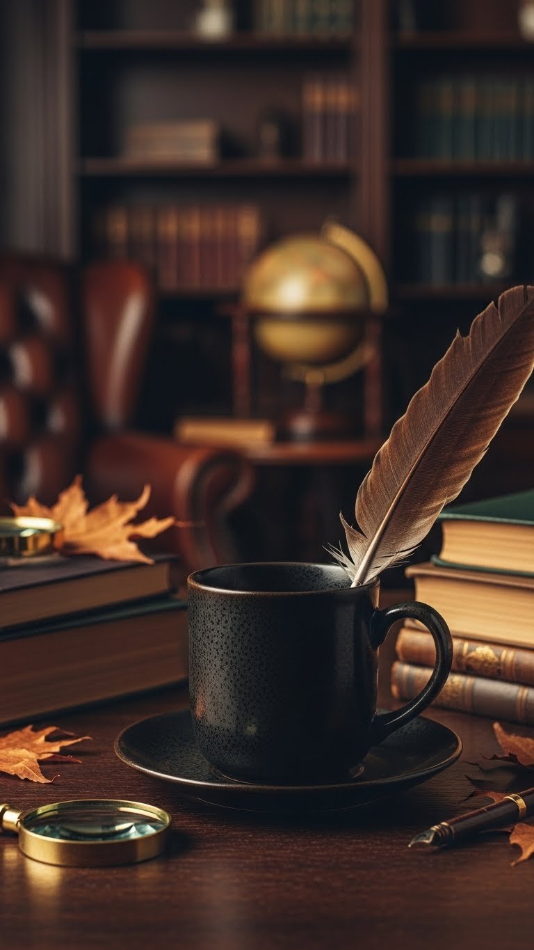 Dark academia black coffee mug with antique finish among vintage books in library study setting